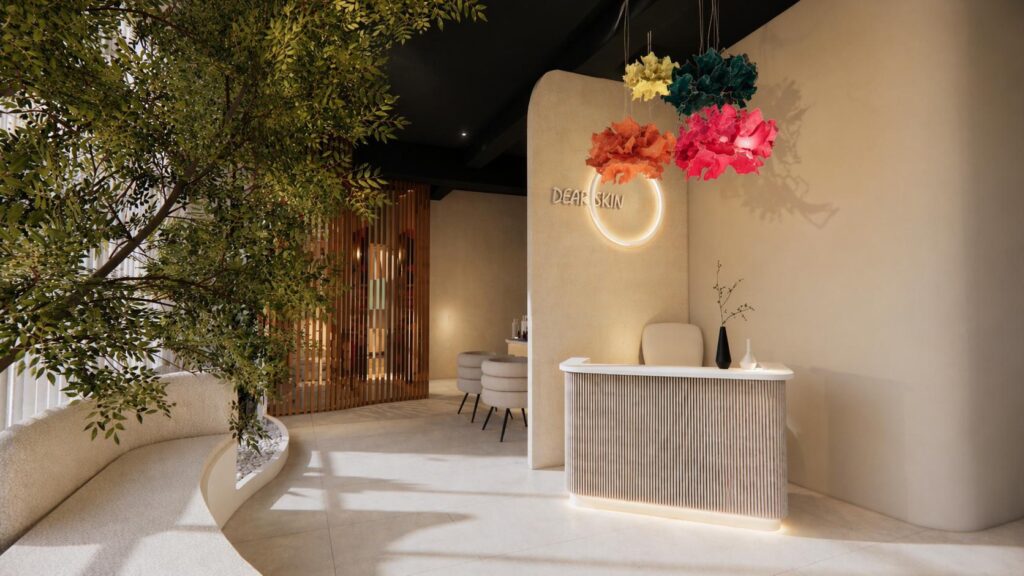 Dear Skin reception desk with illuminated signage